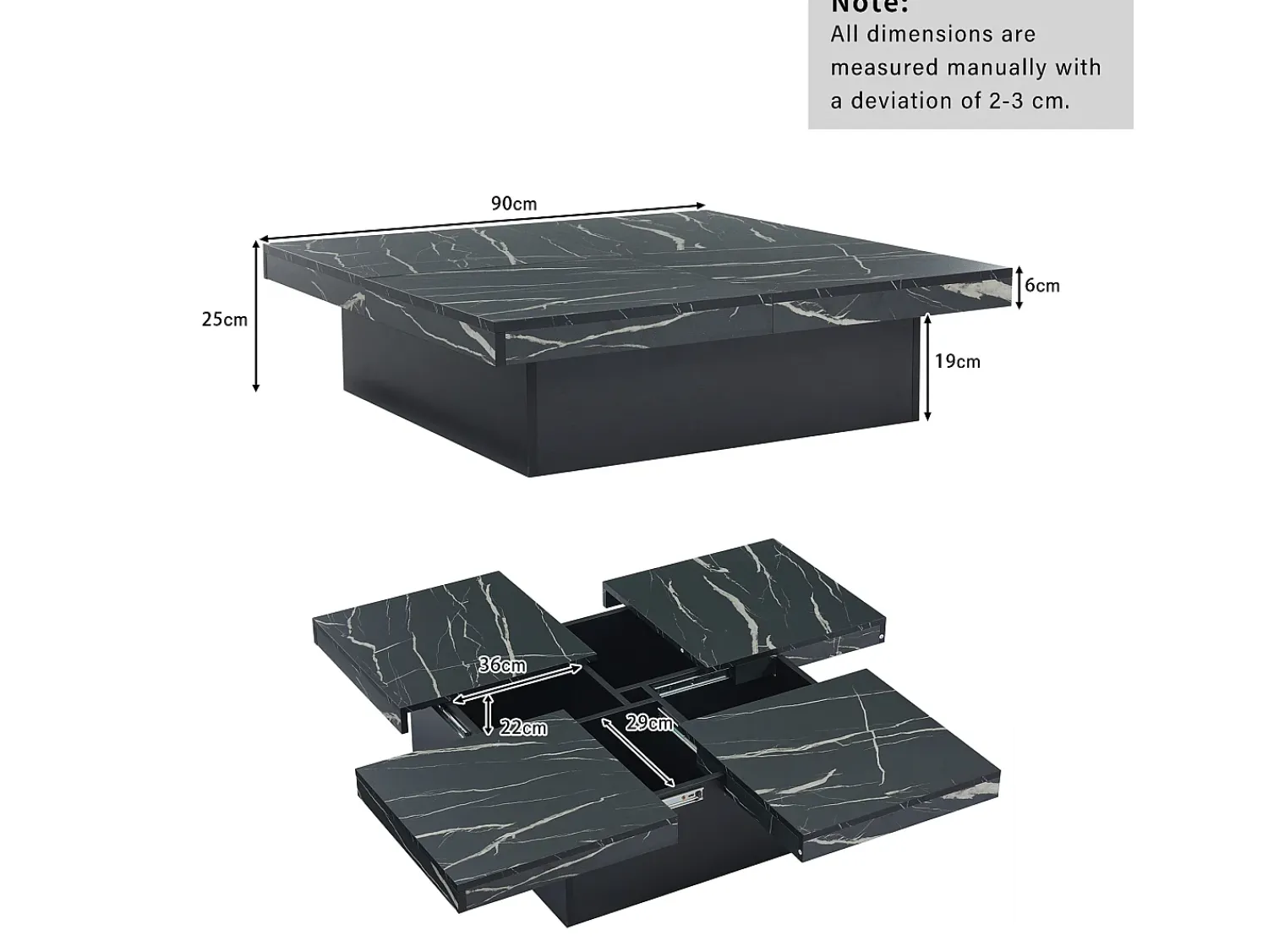 Mesa De Centro*Hauss Spole Mesa de centro quadrada com acabamento em folheado de mármore , tampo modular com 4 secções e gavetas integradas. Preto