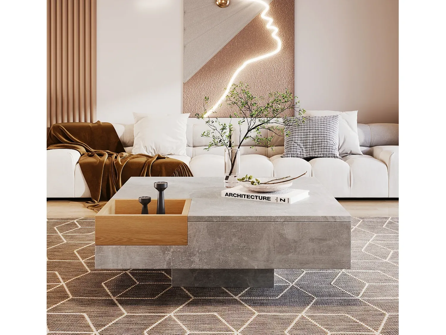 Mesa De Centro*ModernLuxe Mesa de centro quadrada com caixa de arrumação amovível - Cinza claro Cinzento claro