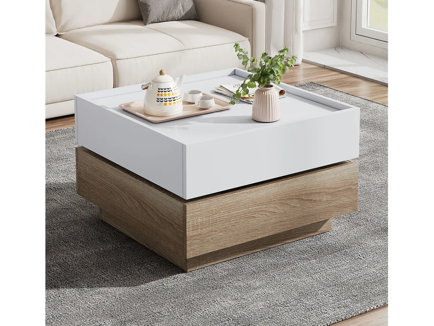 Mesa De Centro*Merax Mesa de centro quadrada com tampo giratório 360° - 60 x 60 x 38 cm - Aglomerado - + Nogueira natural Branco