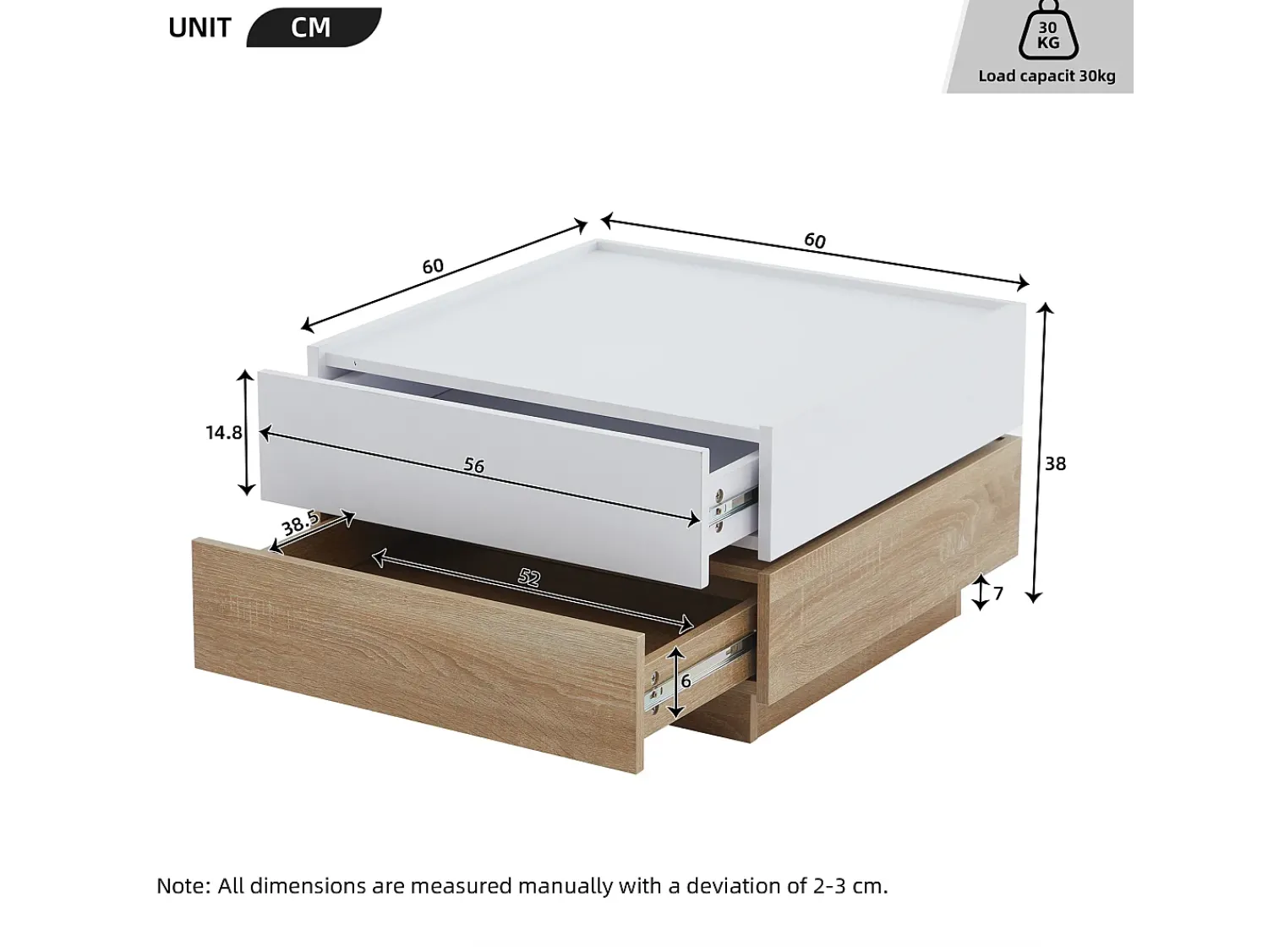 Mesa De Centro*Merax Mesa de centro quadrada com tampo giratório 360° - 60 x 60 x 38 cm - Aglomerado - + Nogueira natural Branco