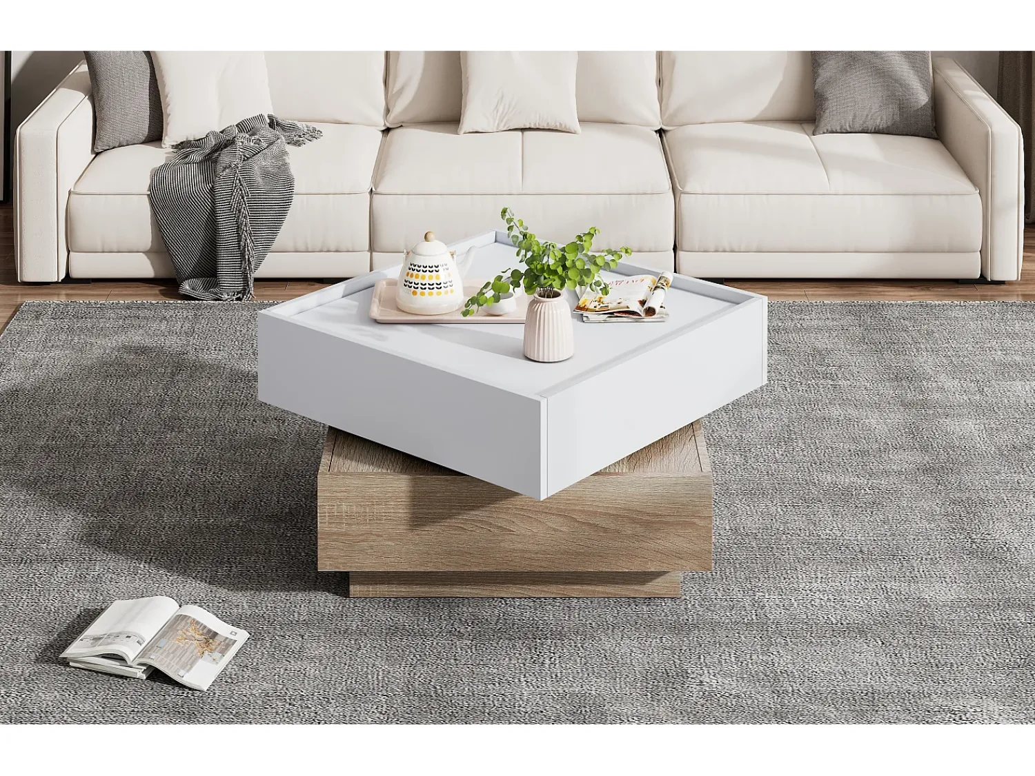 Mesa De Centro*Merax Mesa de centro quadrada com tampo giratório 360° - 60 x 60 x 38 cm - Aglomerado - + Nogueira natural Branco