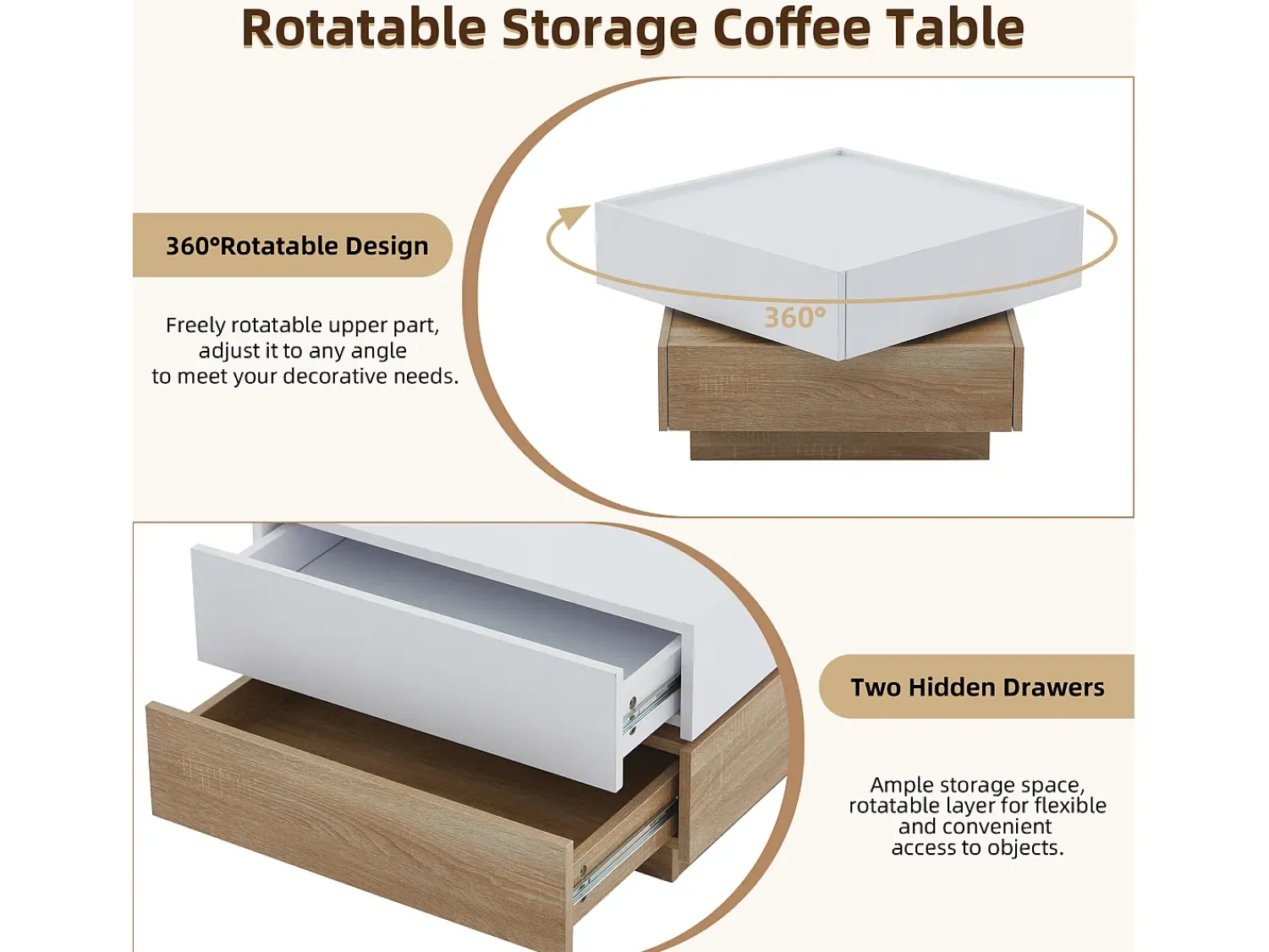 Mesa De Centro*Merax Mesa de centro quadrada com tampo giratório 360° - 60 x 60 x 38 cm - Aglomerado - + Nogueira natural Branco