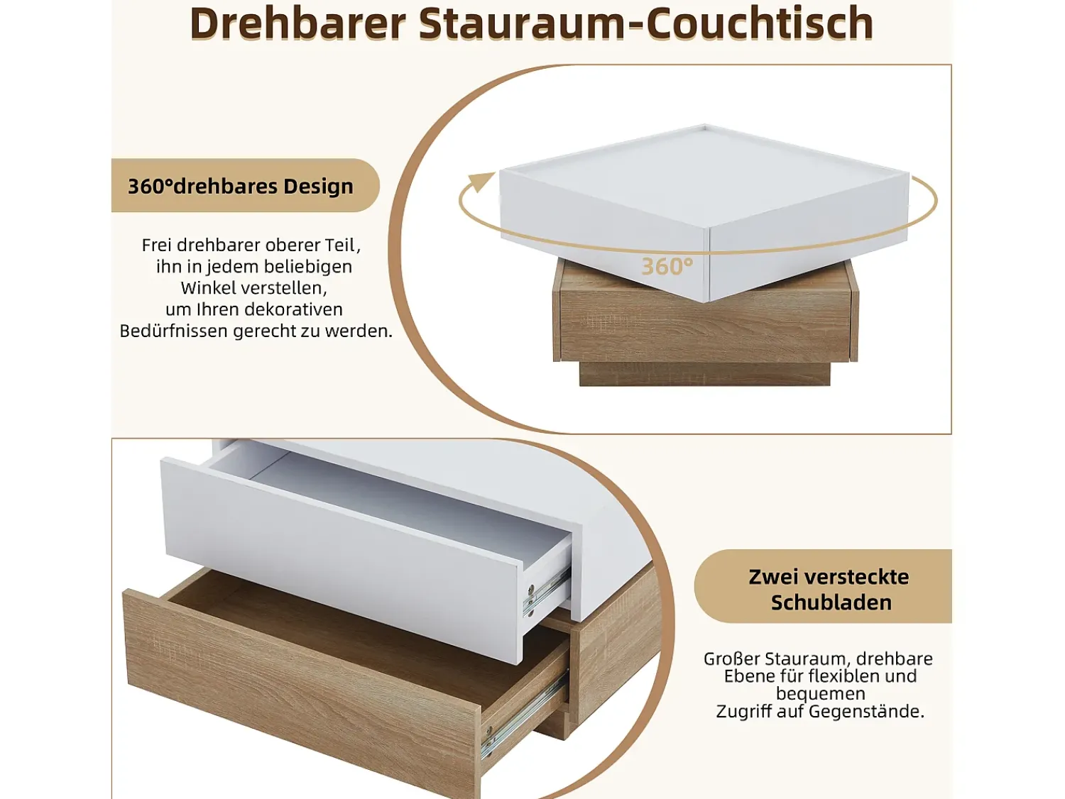 Mesa De Centro*Merax Mesa de centro quadrada com tampo giratório 360° - 60 x 60 x 38 cm - Aglomerado - + Nogueira natural Branco