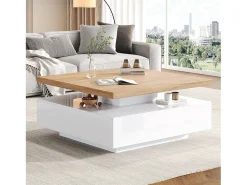 Mesa De Centro*Merax Mesa de centro quadrada com 1 gaveta e tampo giratório 360° - 70 x 70 x 36 cm - Aglomerado - e nogueira Branco