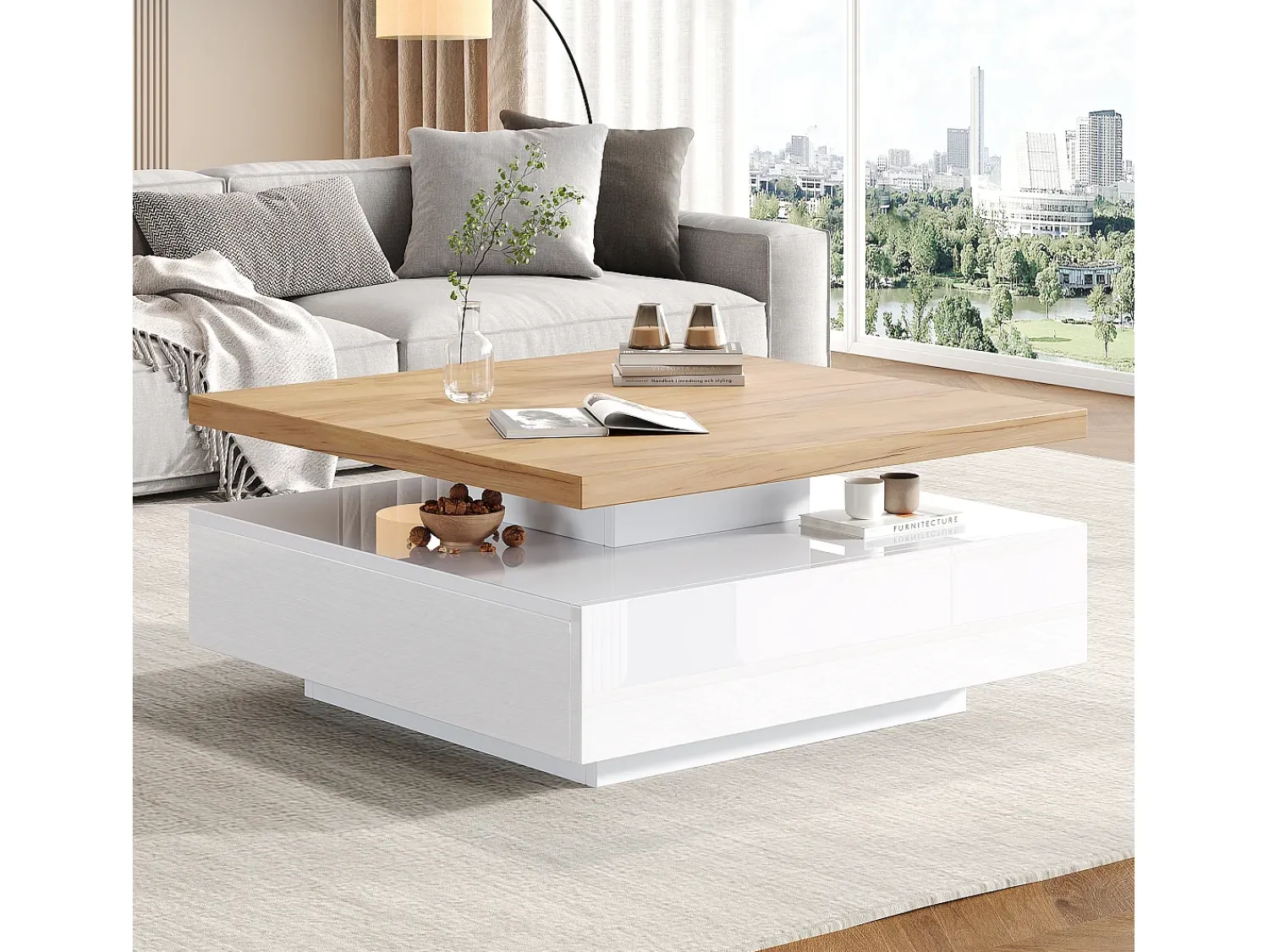 Mesa De Centro*Merax Mesa de centro quadrada com 1 gaveta e tampo giratório 360° - 70 x 70 x 36 cm - Aglomerado - e nogueira Branco