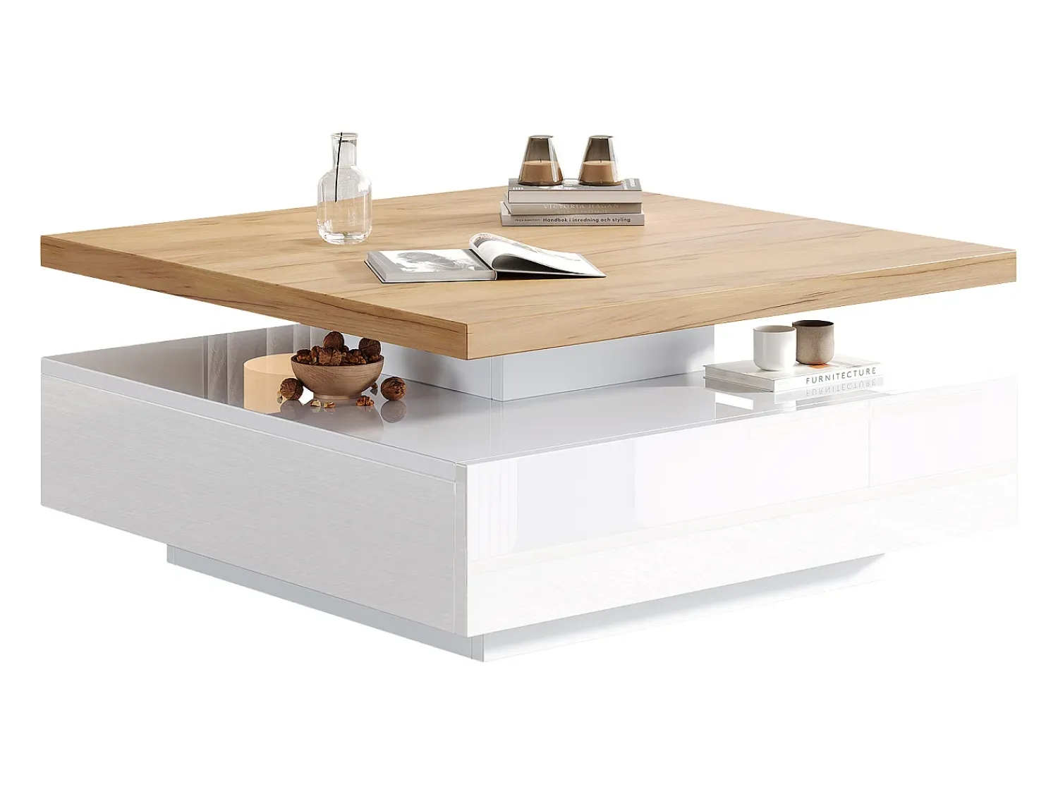 Mesa De Centro*Merax Mesa de centro quadrada com 1 gaveta e tampo giratório 360° - 70 x 70 x 36 cm - Aglomerado - e nogueira Branco