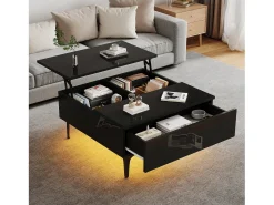 Hauss Spole Mesa de centro quadrada com tampo elevatório, 1 gaveta e compartimentos ocultos, LED incluído, preta^ Mesa De Centro