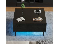 Hauss Spole Mesa de centro quadrada com tampo elevatório, 1 gaveta e compartimentos ocultos, LED incluído, preta^ Mesa De Centro