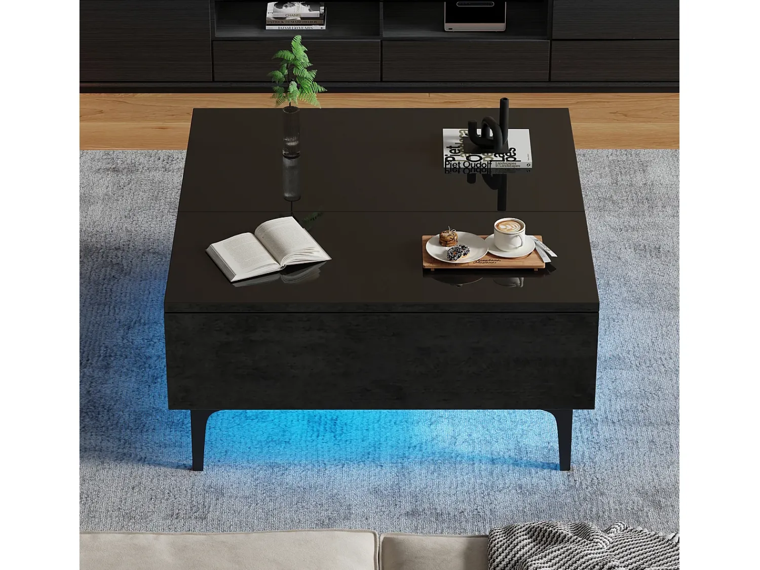 Hauss Spole Mesa de centro quadrada com tampo elevatório, 1 gaveta e compartimentos ocultos, LED incluído, preta^ Mesa De Centro