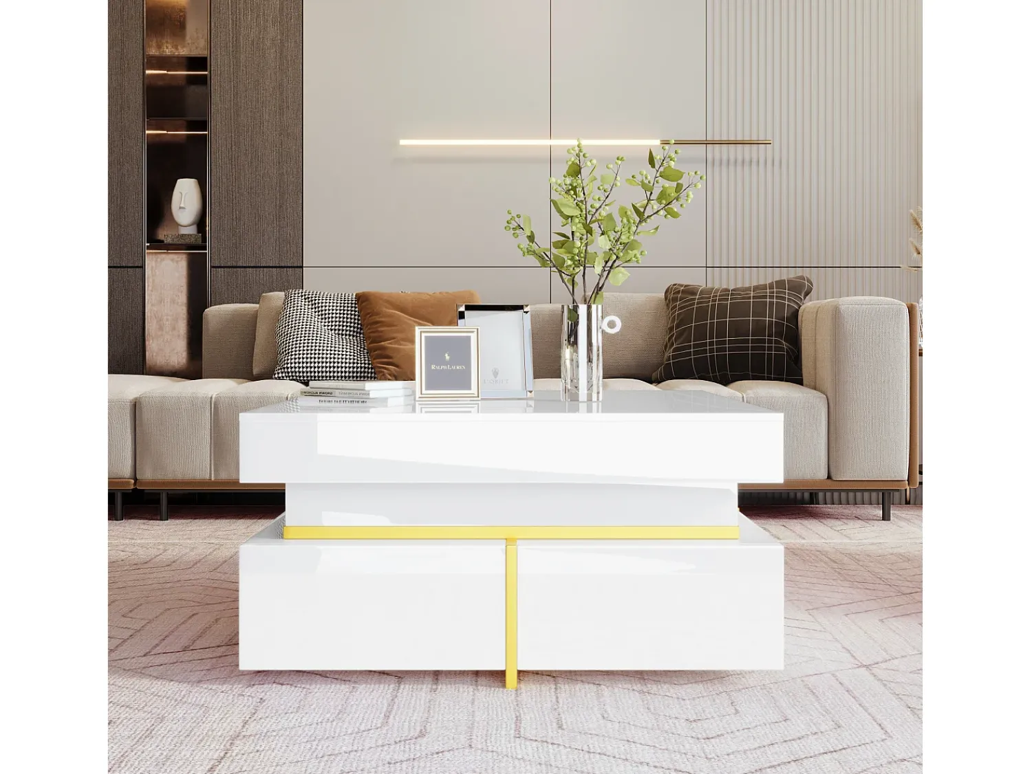 Mesa De Centro|Hauss Spole Mesa de centro quadrada com acabamento brilhante e 2 gavetas - Detalhes dourados - Branca Branco