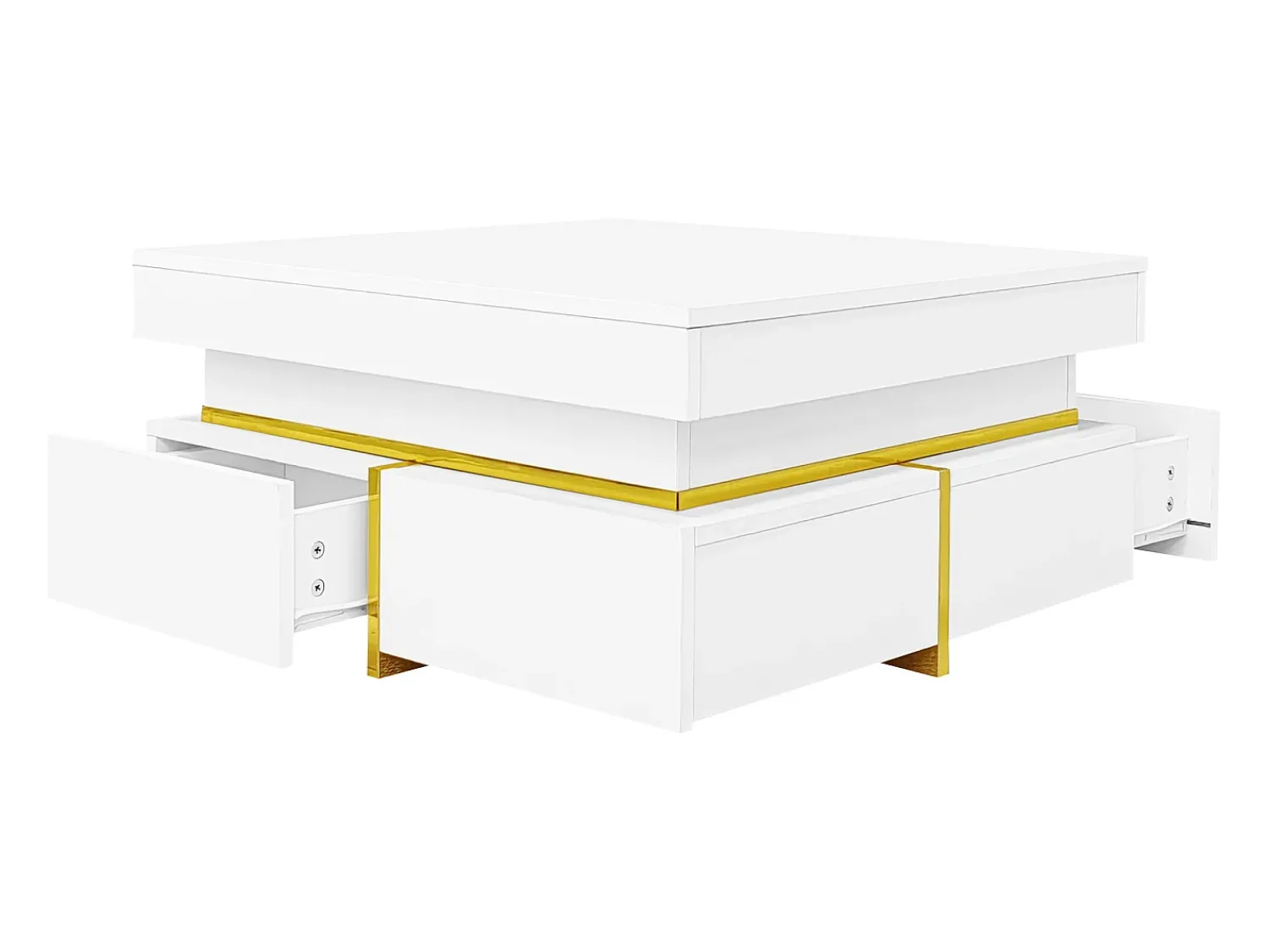 Mesa De Centro|Hauss Spole Mesa de centro quadrada com acabamento brilhante e 2 gavetas - Detalhes dourados - Branca Branco