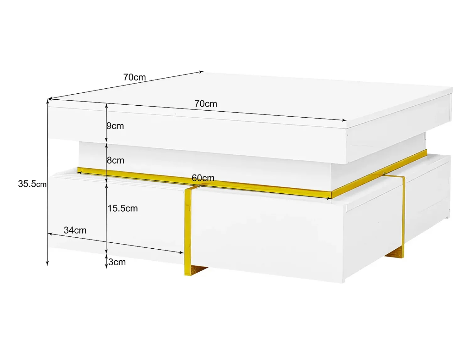 Mesa De Centro|Hauss Spole Mesa de centro quadrada com acabamento brilhante e 2 gavetas - Detalhes dourados - Branca Branco