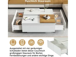 Mesa De Centro|Merax Mesa de centro quadrada com 4 gavetas e 2 bandejas deslizantes pequenas - 75 x 75 x 33,5 cm - Aglomerado - Branco