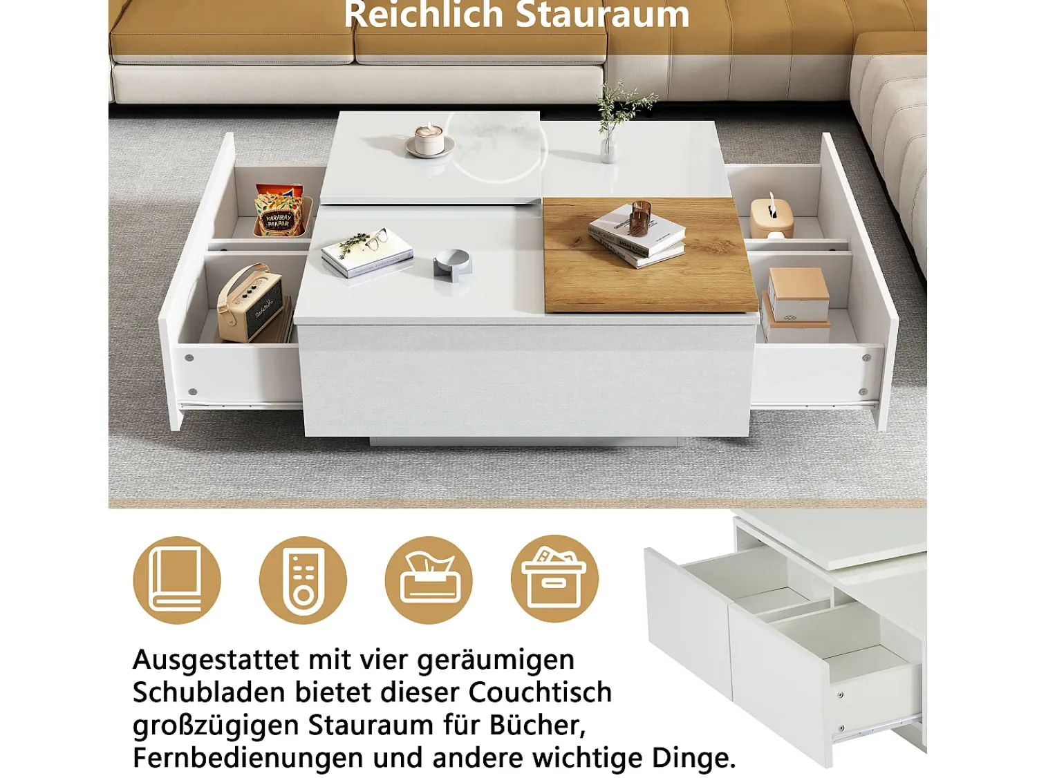 Mesa De Centro|Merax Mesa de centro quadrada com 4 gavetas e 2 bandejas deslizantes pequenas - 75 x 75 x 33,5 cm - Aglomerado - Branco