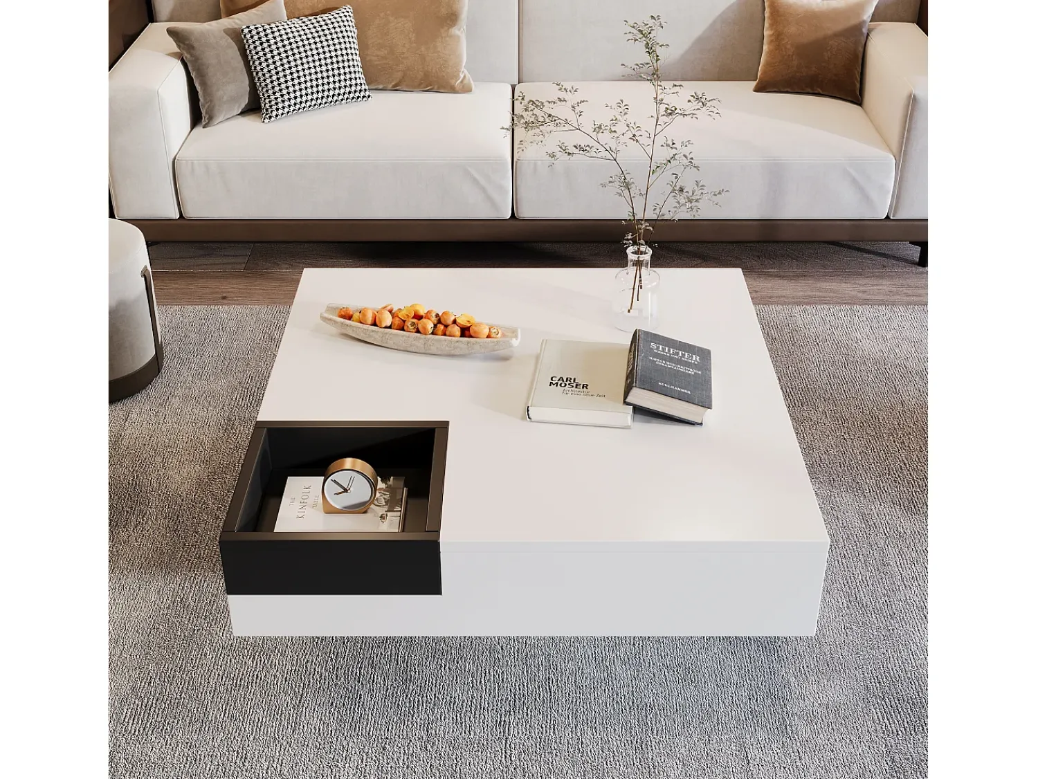 Hot ModernLuxe Mesa de centro quadrada com caixa de arrumação amovível - Luzes LED na parte inferior - Branco