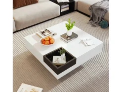 Mesa De Centro*Merax Mesa de centro quadrada com caixa de armazenamento removível - 72 x 72 x 30 cm - aglomerado - padrão mármore - Branco