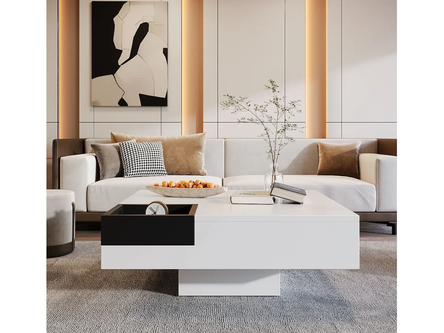 Mesa De Centro*Merax Mesa de centro quadrada com caixa de armazenamento removível - 72 x 72 x 30 cm - aglomerado - padrão mármore - Branco