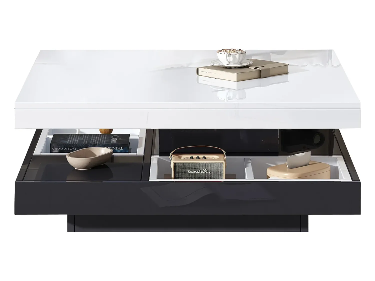 Mesa De Centro|Merax Mesa de centro quadrada com 4 compartimentos e tampo giratório - 70 x 70 x 36 cm - Aglomerado - + branco Preto