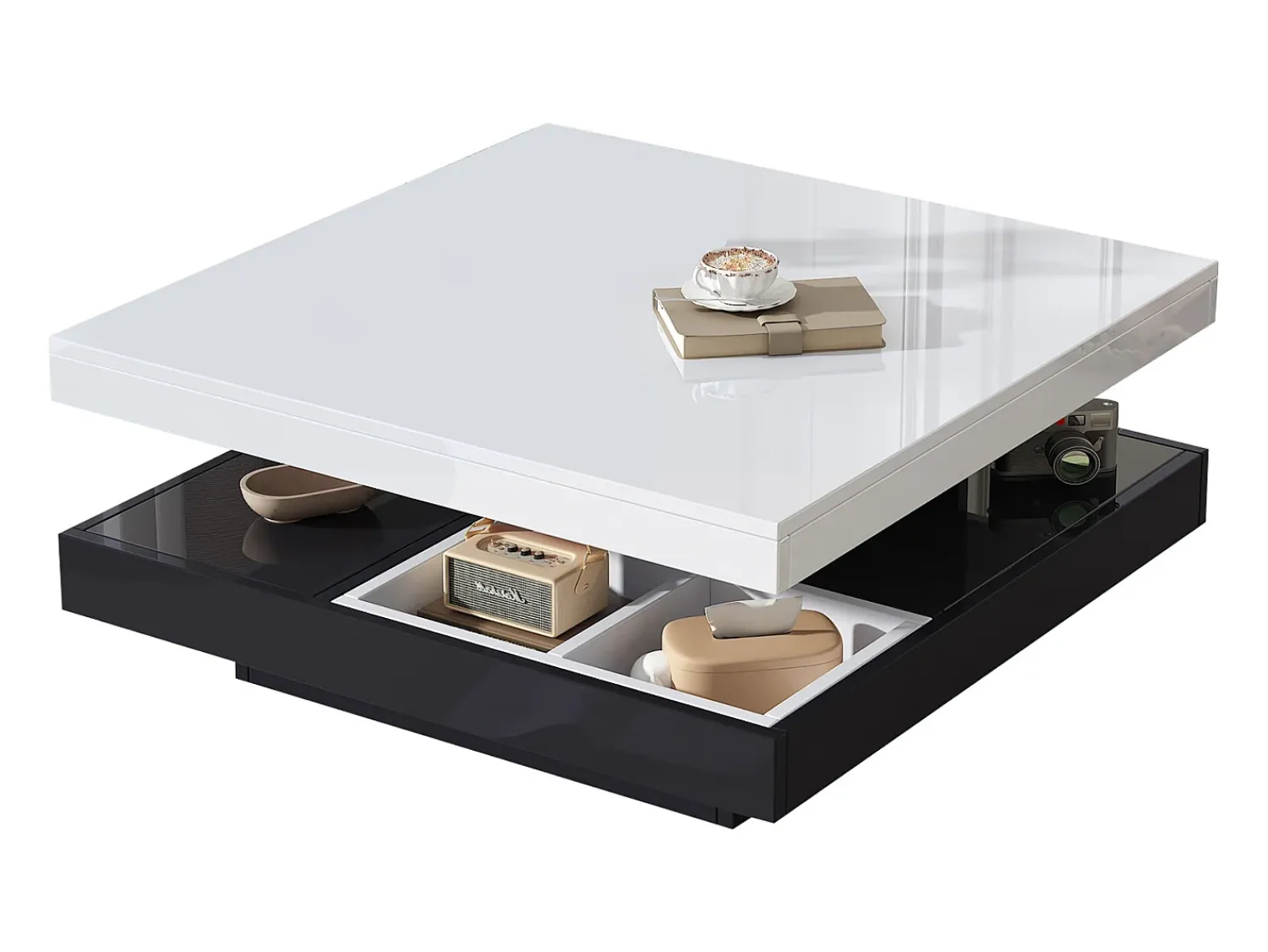 Mesa De Centro|Merax Mesa de centro quadrada com 4 compartimentos e tampo giratório - 70 x 70 x 36 cm - Aglomerado - + branco Preto