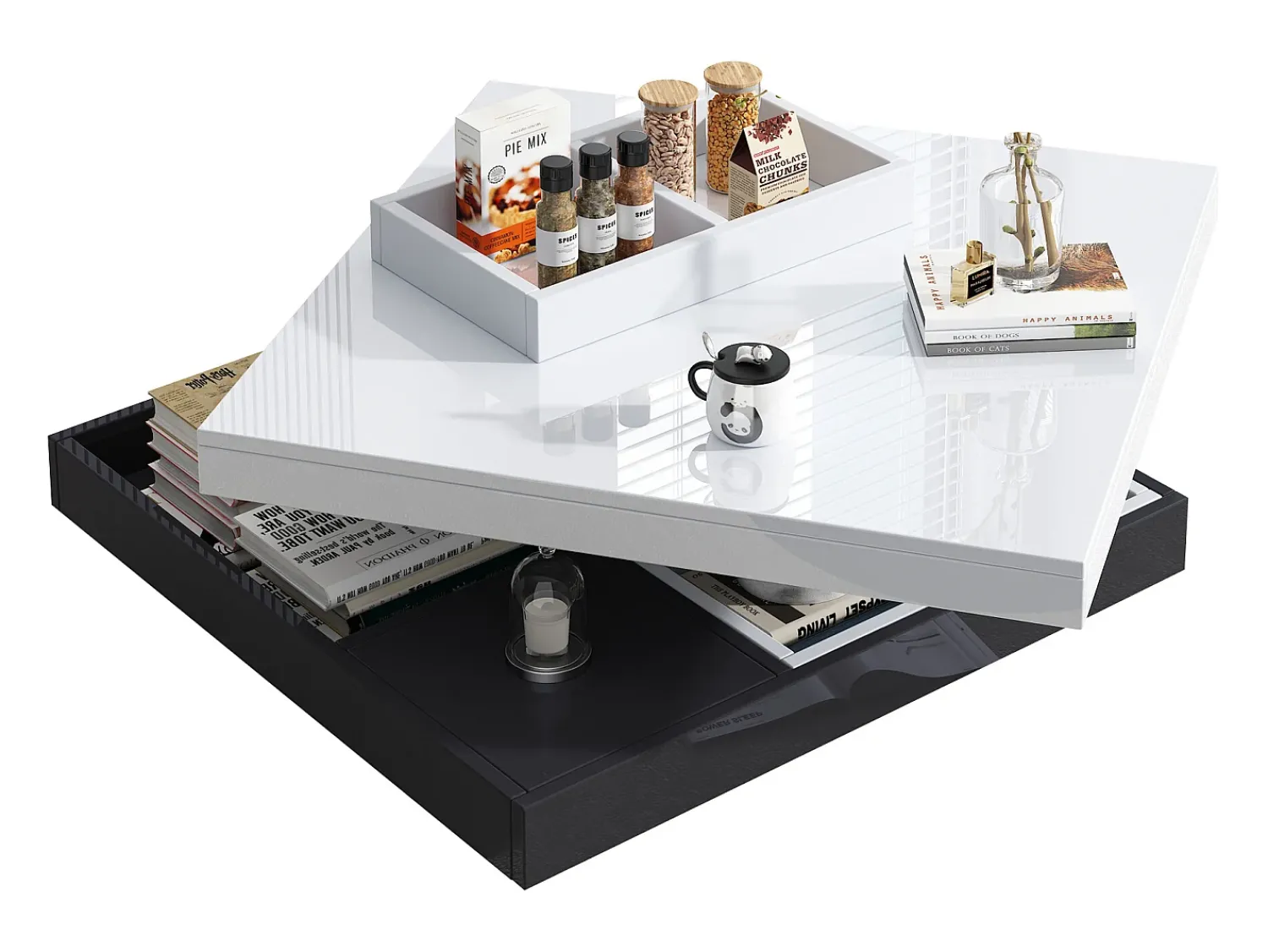 Mesa De Centro|Merax Mesa de centro quadrada com 4 compartimentos e tampo giratório - 70 x 70 x 36 cm - Aglomerado - + branco Preto