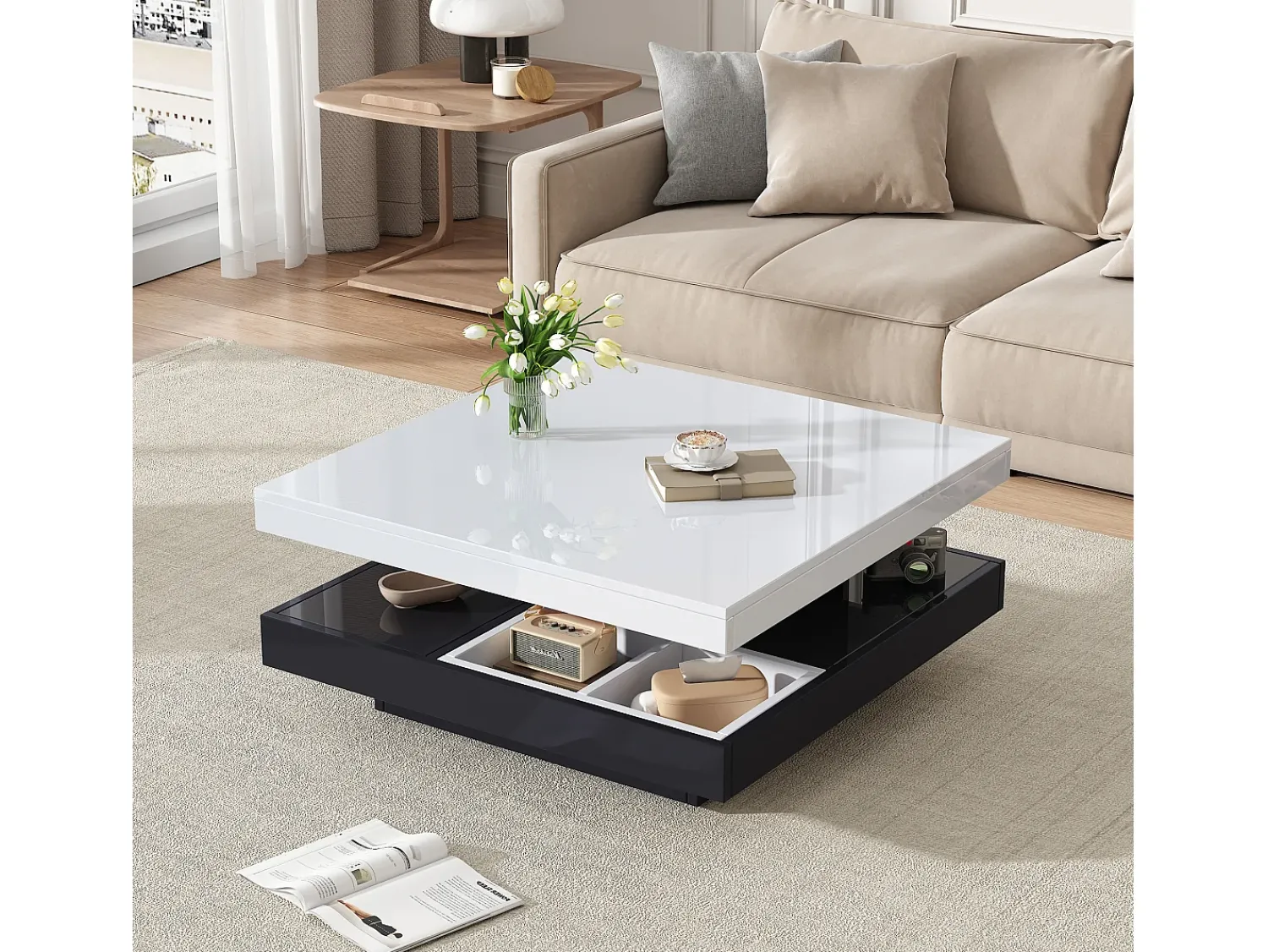 Mesa De Centro|Merax Mesa de centro quadrada com 4 compartimentos e tampo giratório - 70 x 70 x 36 cm - Aglomerado - + branco Preto