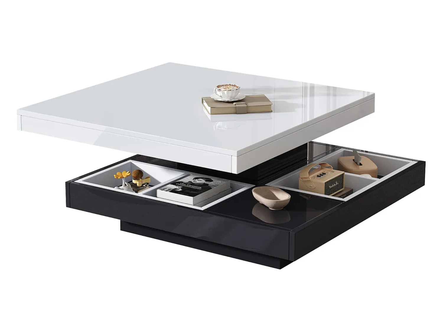 Mesa De Centro|Merax Mesa de centro quadrada com 4 compartimentos e tampo giratório - 70 x 70 x 36 cm - Aglomerado - + branco Preto