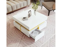 Mesa De Centro| Mesa de centro quadrada em e dourado, mesa de centro para sala de estar com 2 gavetas e detalhes dourados na parte inferior. Branco