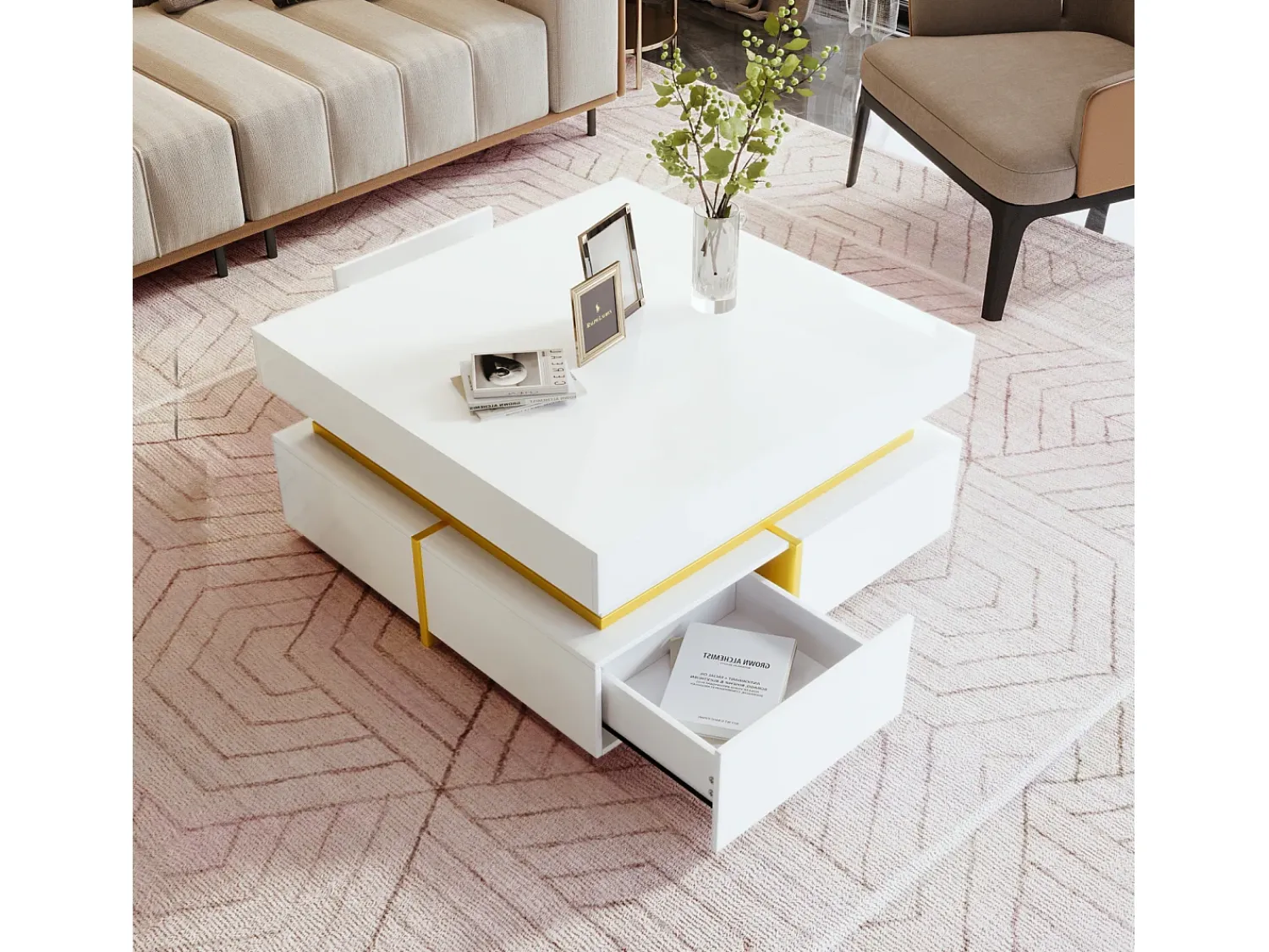 Mesa De Centro| Mesa de centro quadrada em e dourado, mesa de centro para sala de estar com 2 gavetas e detalhes dourados na parte inferior. Branco