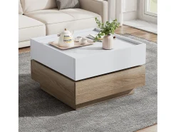 ModernLuxe Mesa de centro quadrada giratória 360° - com 2 gavetas - 60x60x38 cm - Branco e Natural^ Mesa De Centro