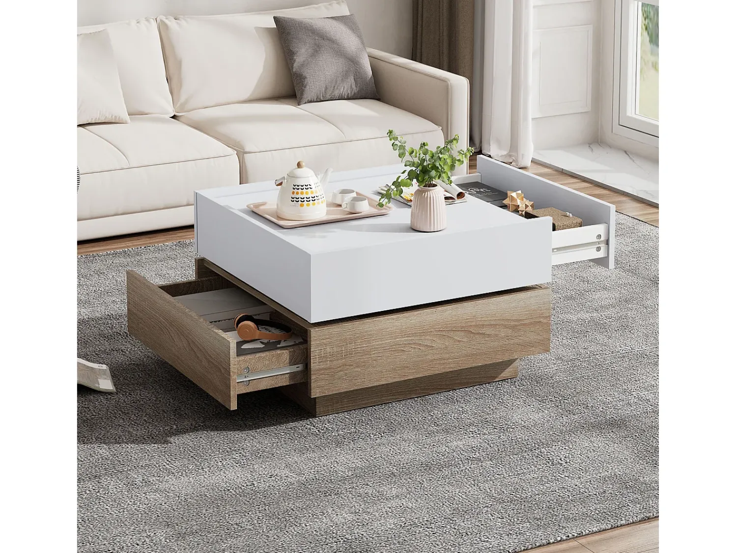 ModernLuxe Mesa de centro quadrada giratória 360° - com 2 gavetas - 60x60x38 cm - Branco e Natural^ Mesa De Centro