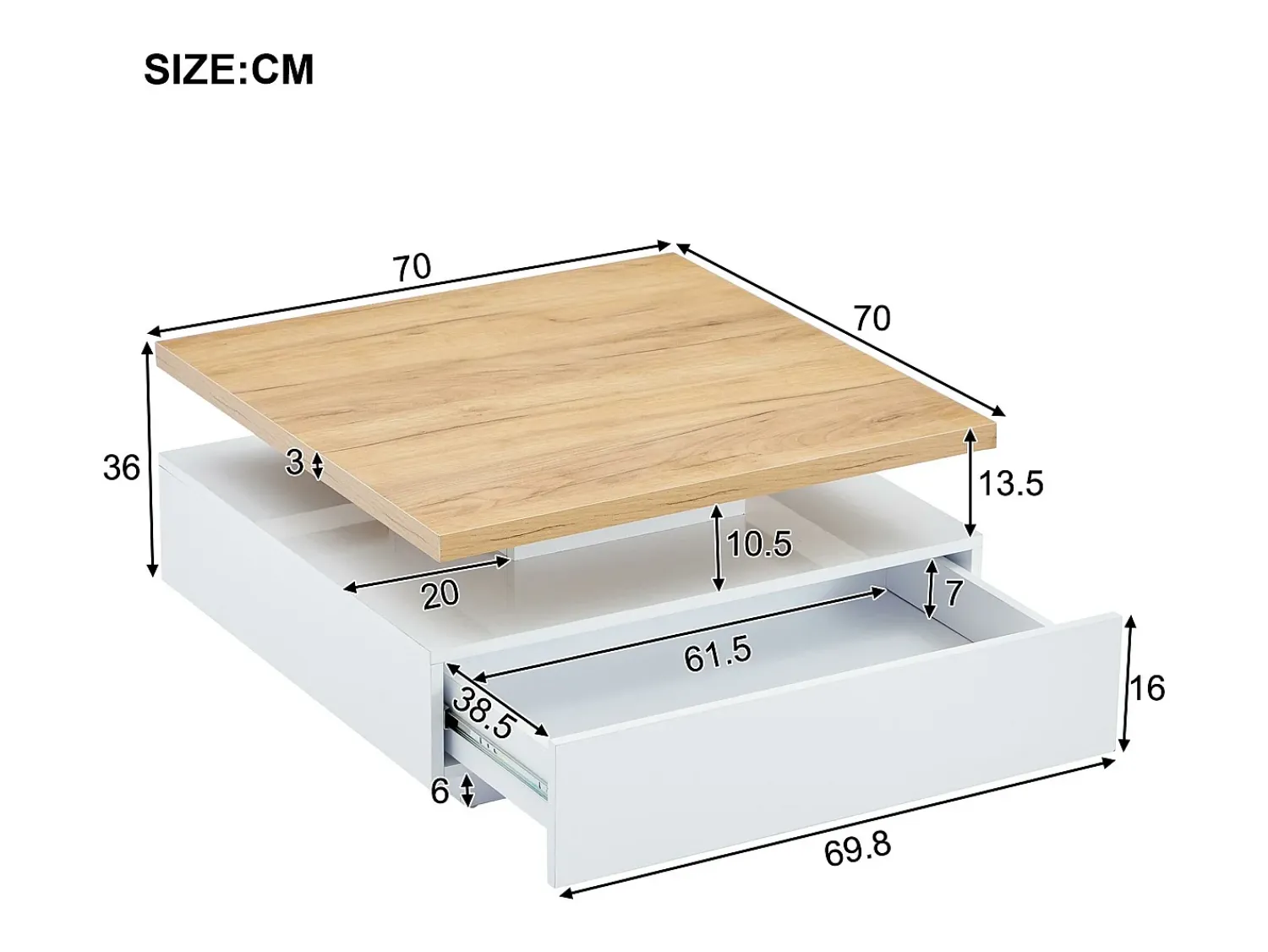 Clearance ModernLuxe Mesa de centro quadrada giratória 360° - 70x70x36 cm - com 1 gaveta - Branco e Natural Natural claro / Branco