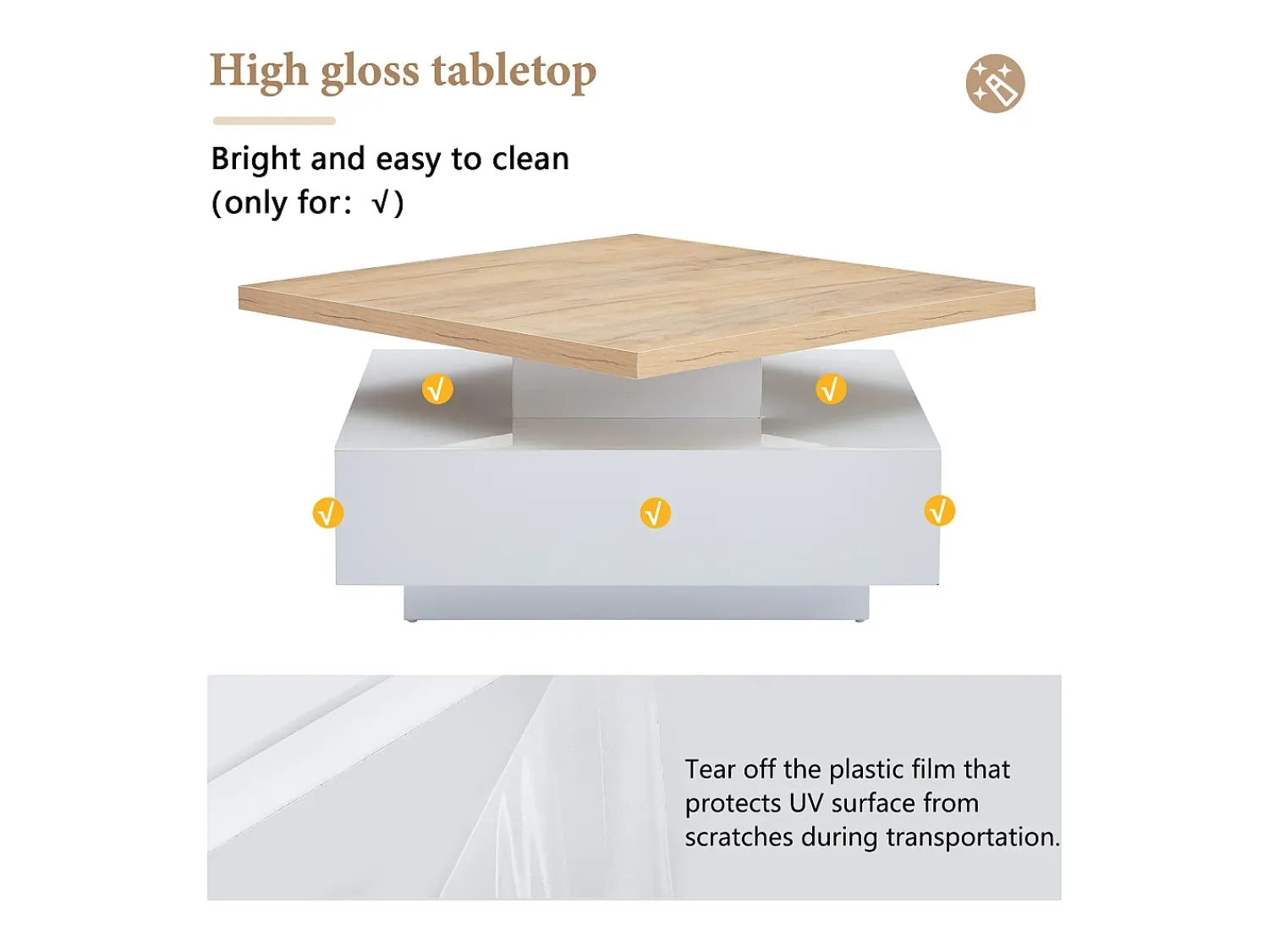 Clearance ModernLuxe Mesa de centro quadrada giratória 360° - 70x70x36 cm - com 1 gaveta - Branco e Natural Natural claro / Branco