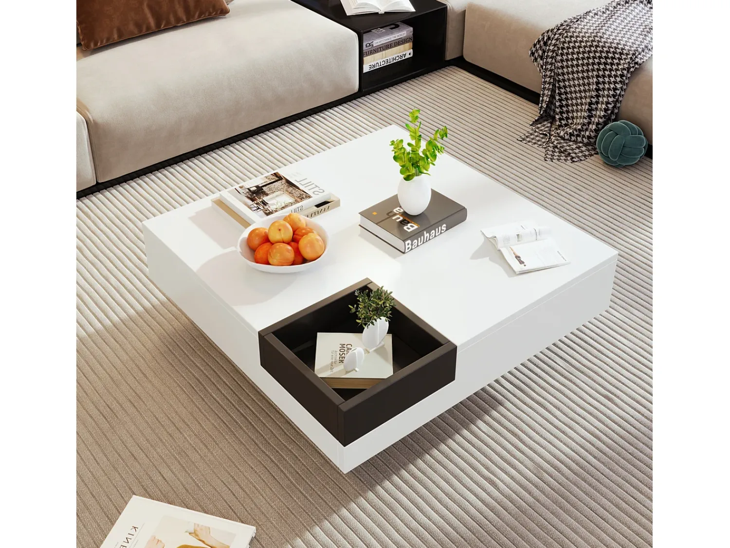 Mesa De Centro| Mesa de centro quadrada LED 72x72x30 cm, mesa de sala, mesa de apoio com caixa de arrumação amovível, cor Branco
