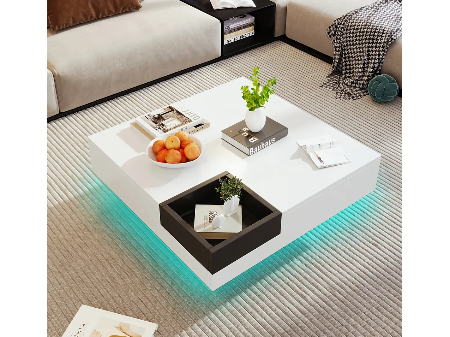 Mesa De Centro| Mesa de centro quadrada moderna com caixa de armazenamento removível, mesa lateral branca e preta. Branco