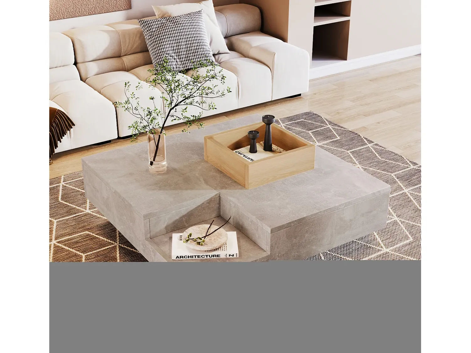 Mesa De Centro| Mesa de centro quadrada moderna com caixa de armazenamento removível, mesa lateral em madeira e cinza. Cinzento