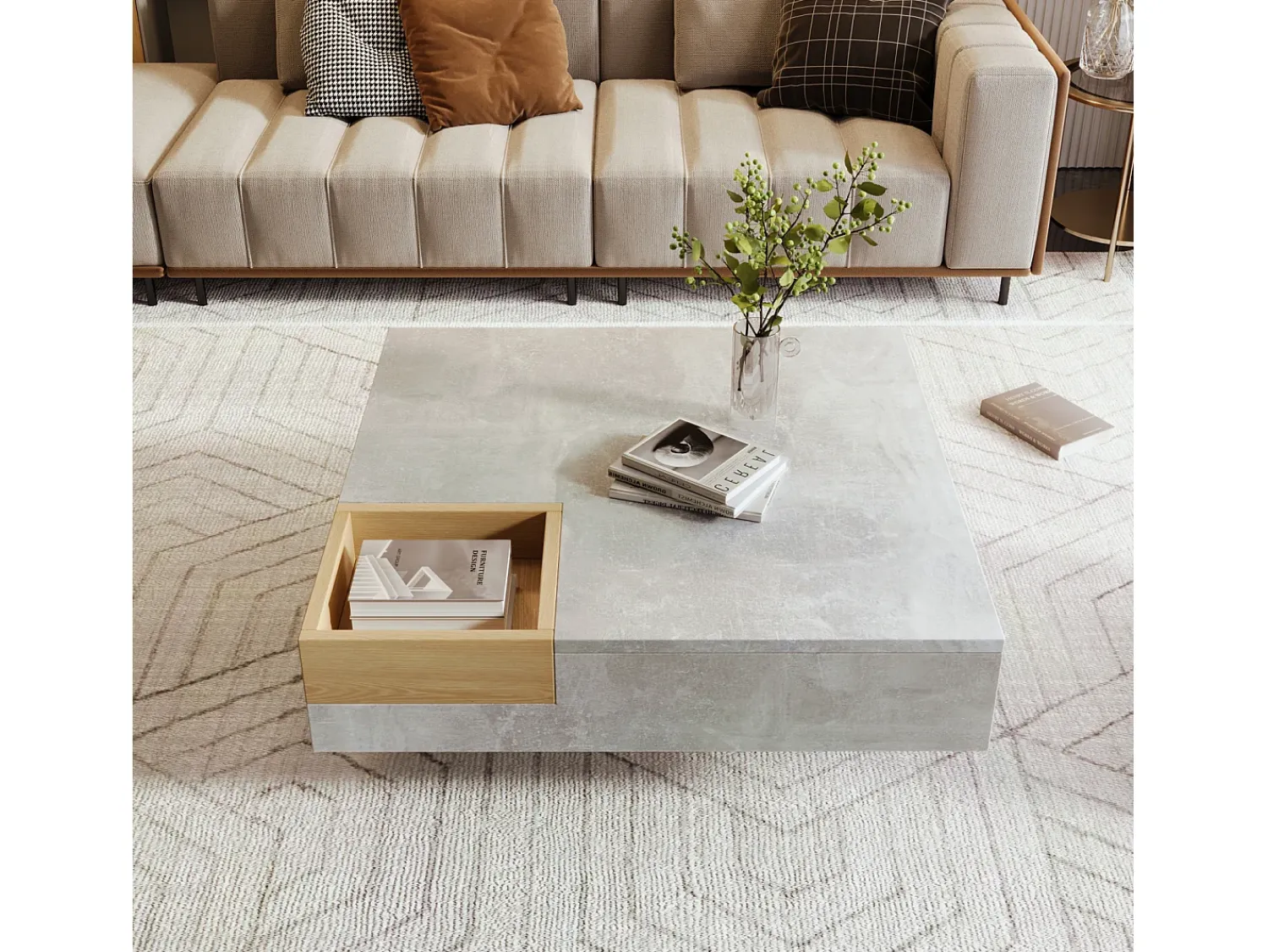 Mesa de centro quadrada moderna com caixa de armazenamento removível, mesa lateral em madeira e cinza.^ Mesa De Centro