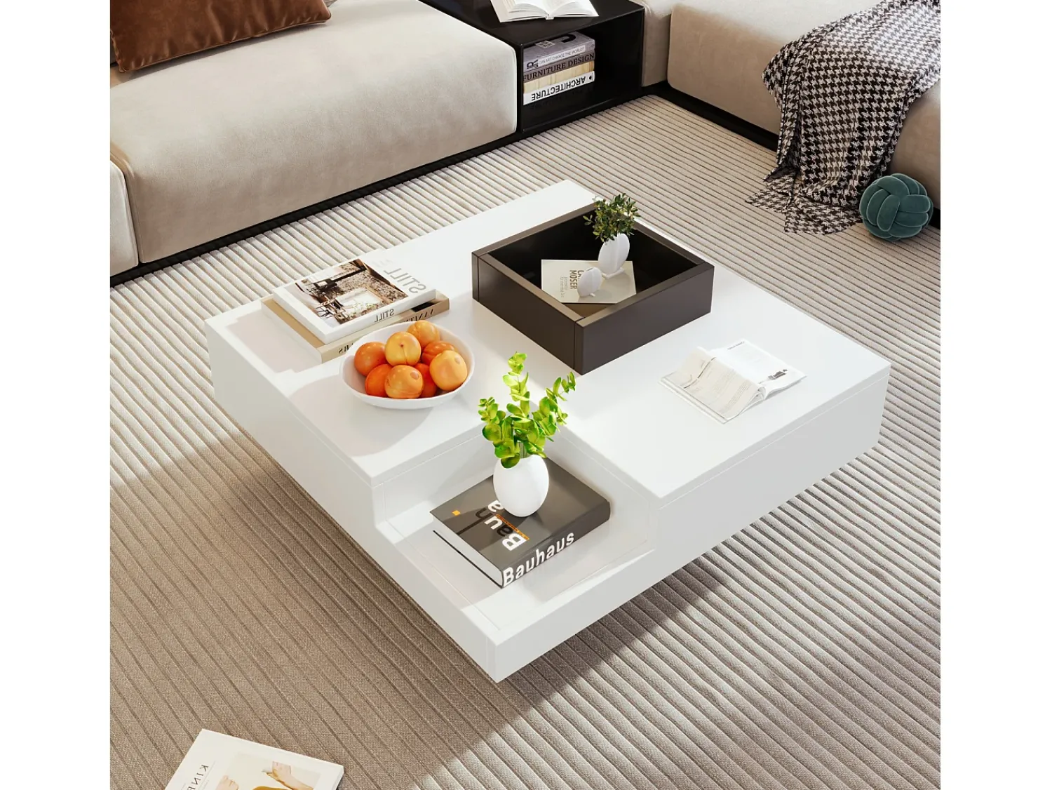 Hot Mesa de centro quadrada moderna com caixa de armazenamento removível, mesa lateral branca e preta. Branco