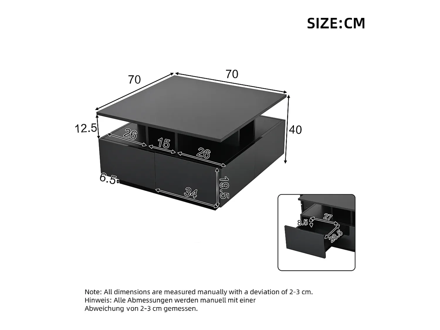 Mesa de centro quadrada preta - Mesa de centro com iluminação LED e 4 gavetas - Arrumação aberta Preto