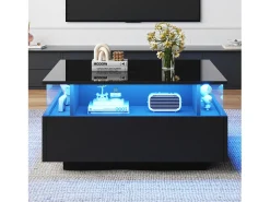 Mesa De Centro|Hauss Spole Mesa de centro quadrada 70x70x41cm com 2 gavetas e LED, corpo em laca preta brilhante Preto