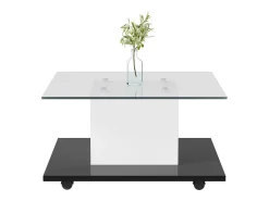 Mesa De Centro| Mesa de centro quadrada 80x80x40cm, tampo em vidro brilhante, mesa LED com rodízios giratórios, Branco+ Preto