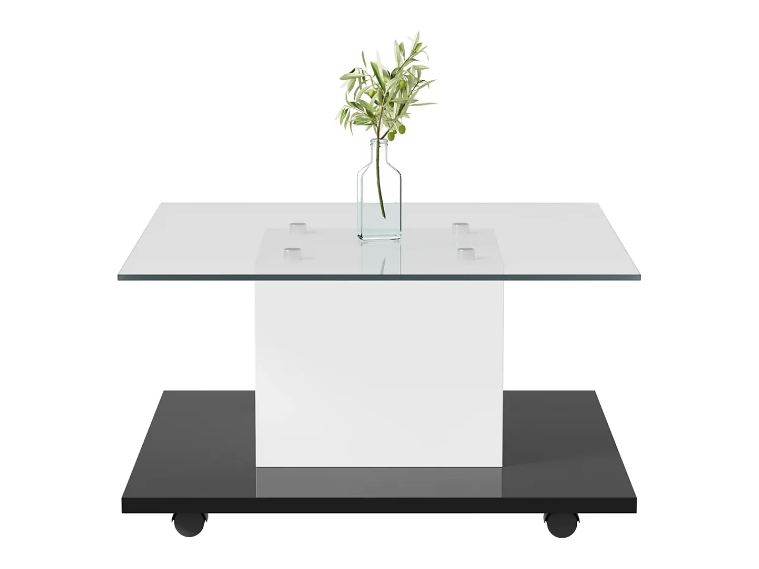 Mesa De Centro| Mesa de centro quadrada 80x80x40cm, tampo em vidro brilhante, mesa LED com rodízios giratórios, Branco+ Preto