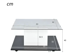 Mesa De Centro| Mesa de centro quadrada 80x80x40cm, tampo em vidro brilhante, mesa LED com rodízios giratórios, Branco+ Preto