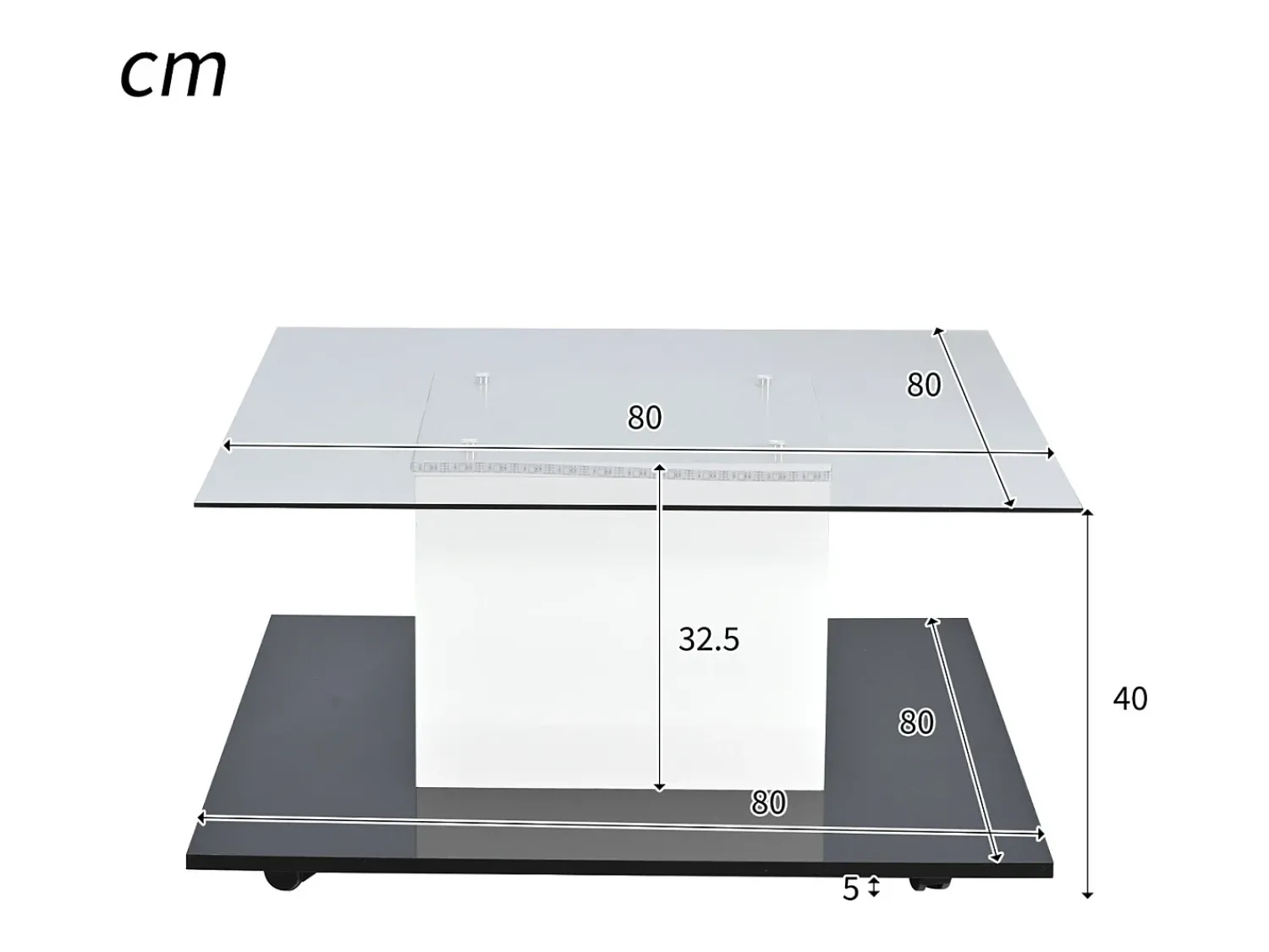 Mesa De Centro| Mesa de centro quadrada 80x80x40cm, tampo em vidro brilhante, mesa LED com rodízios giratórios, Branco+ Preto