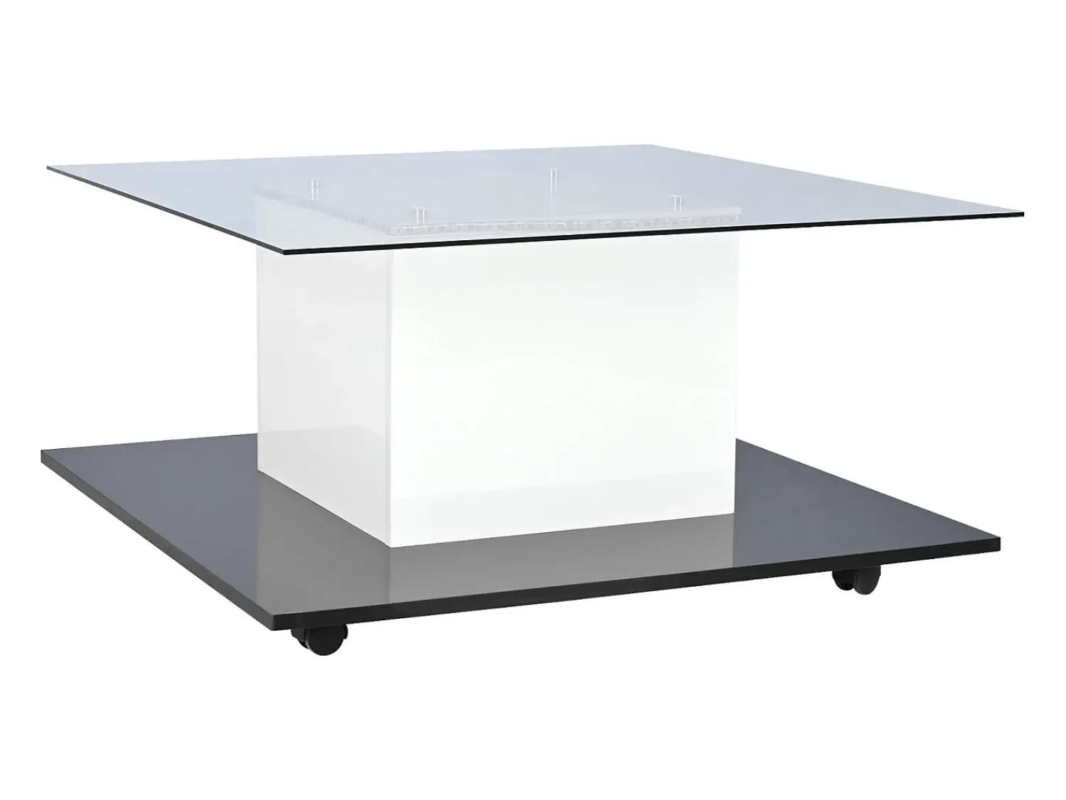 Mesa De Centro| Mesa de centro quadrada 80x80x40cm, tampo em vidro brilhante, mesa LED com rodízios giratórios, Branco+ Preto