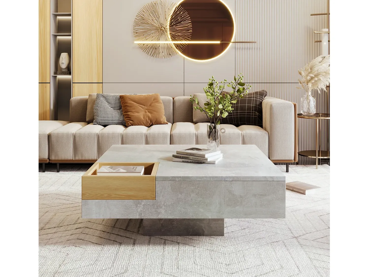 Mesa De Centro| Mesa de centro quadrada 72x72x30 cm, mesa de sala, mesa de apoio com caixa de arrumação amovível, cor Cinzento