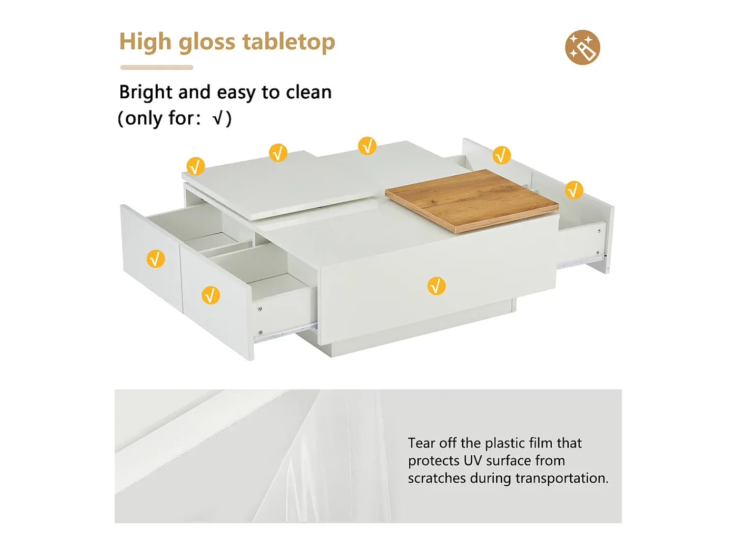 ModernLuxe Mesa de centro quadrada 75x75x33,5cm - com 4 gavetas -^ Mesa De Centro