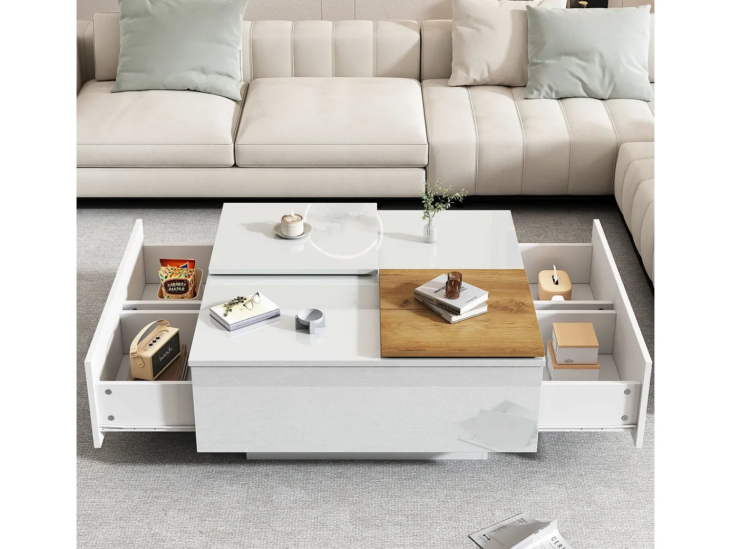 ModernLuxe Mesa de centro quadrada 75x75x33,5cm - com 4 gavetas -^ Mesa De Centro