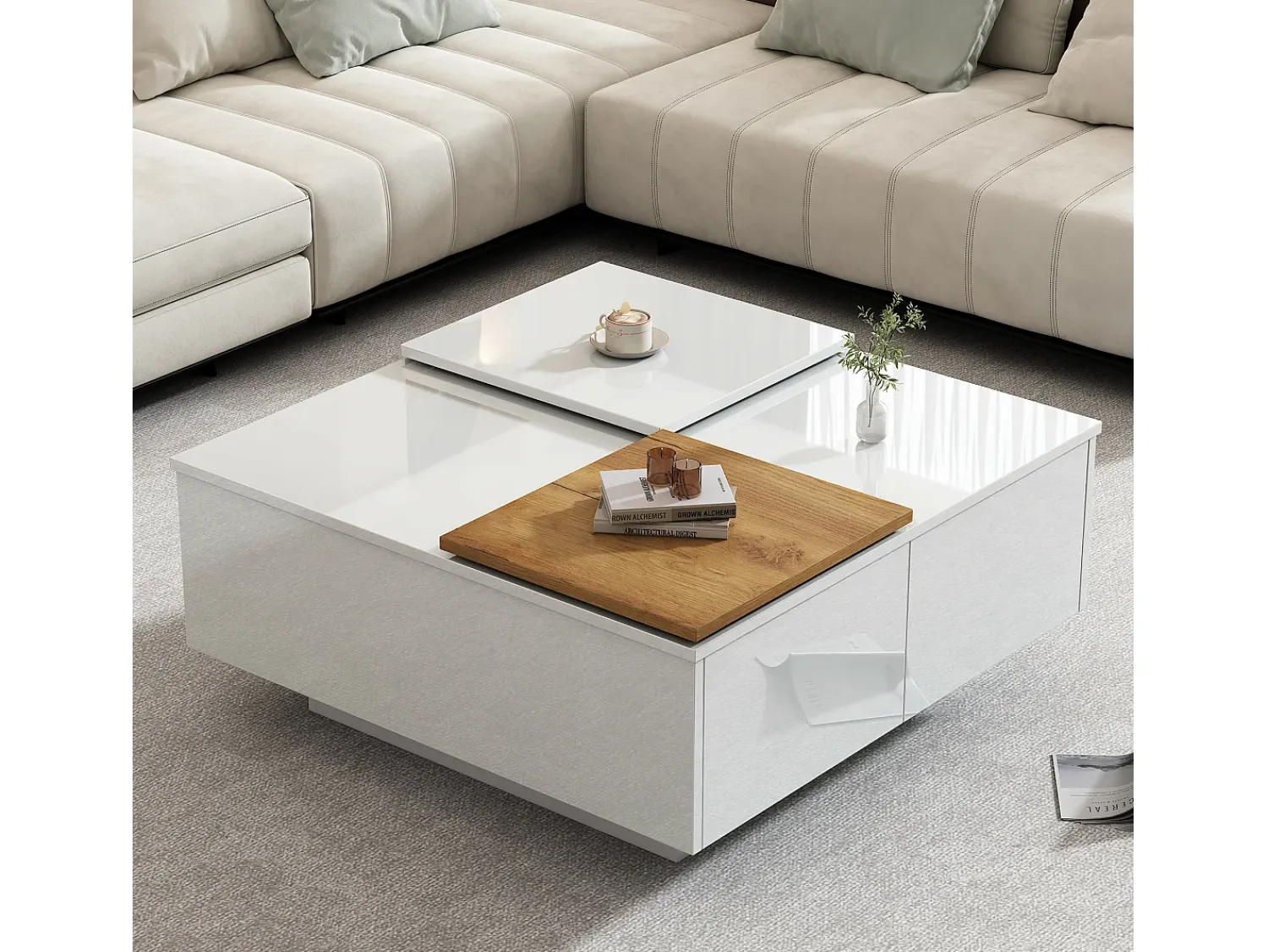 ModernLuxe Mesa de centro quadrada 75x75x33,5cm - com 4 gavetas -^ Mesa De Centro