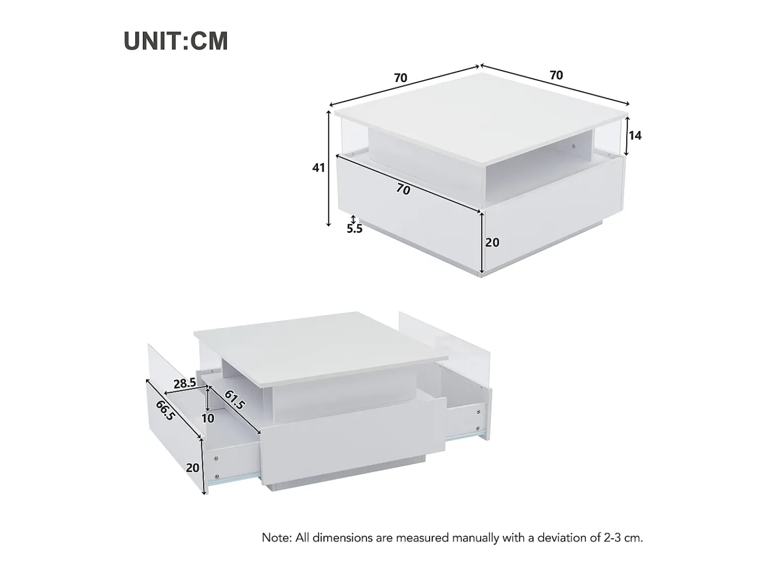 Mesa De Centro*Hauss Spole Mesa de centro quadrada 70x70x41cm com 2 gavetas e LED, corpo em laca branca brilhante Branco
