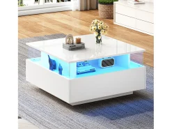 Mesa De Centro*Hauss Spole Mesa de centro quadrada 70x70x41cm com 2 gavetas e LED, corpo em laca branca brilhante Branco